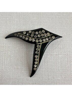 Art Deco Black Lucite Rhinestone Brooch Abstract Arrow Form C Clasp